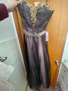 Alyce Paris Black Dress with Pink Lining and Crystal Trim